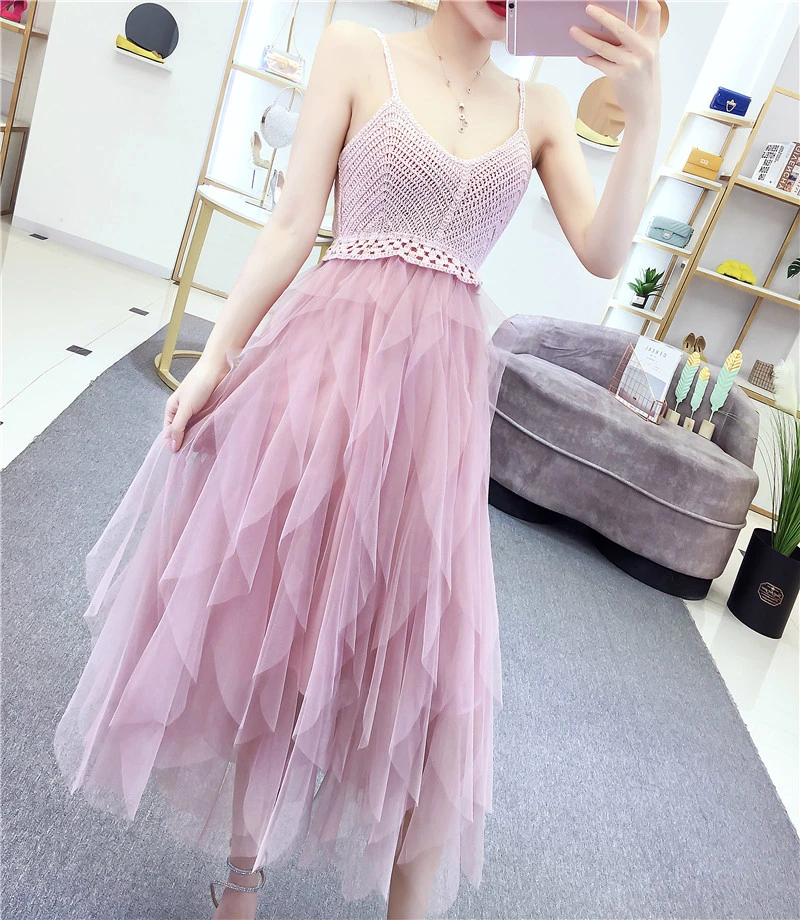 

Women Dresses Knitted V-neck Backless Stitching Irregular Layers Mesh Party Prom Cake Dress Ladies Ruffles Suspender Long Dress