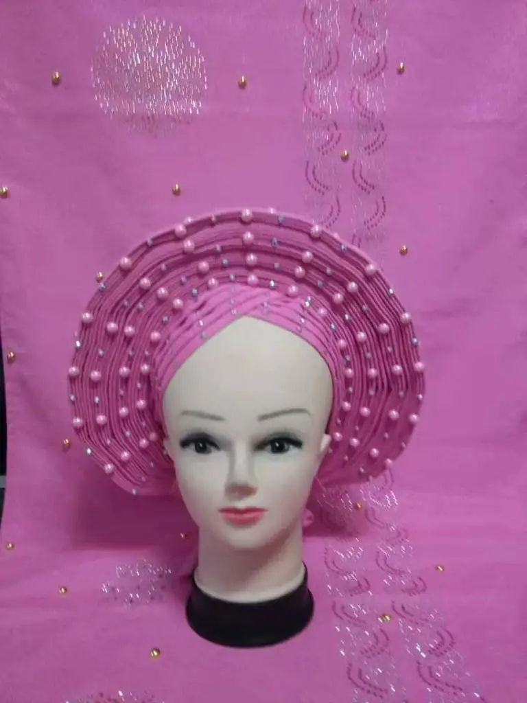 African Turban Gele Headtie With Shawl Pearls Stones Pretty Pink Aso Oke Gele Already Made Auto Gele Aso Ebi Headtie 2pcs
