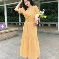 korean 2021 summer chic vintage plaid dress women french square collar puff sleeve thin fairy dress female party one piece dress