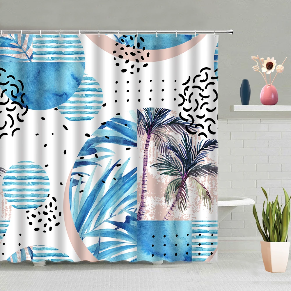 Занавеска для душа в тропическом лесу с акварелью летними растениями листьями
