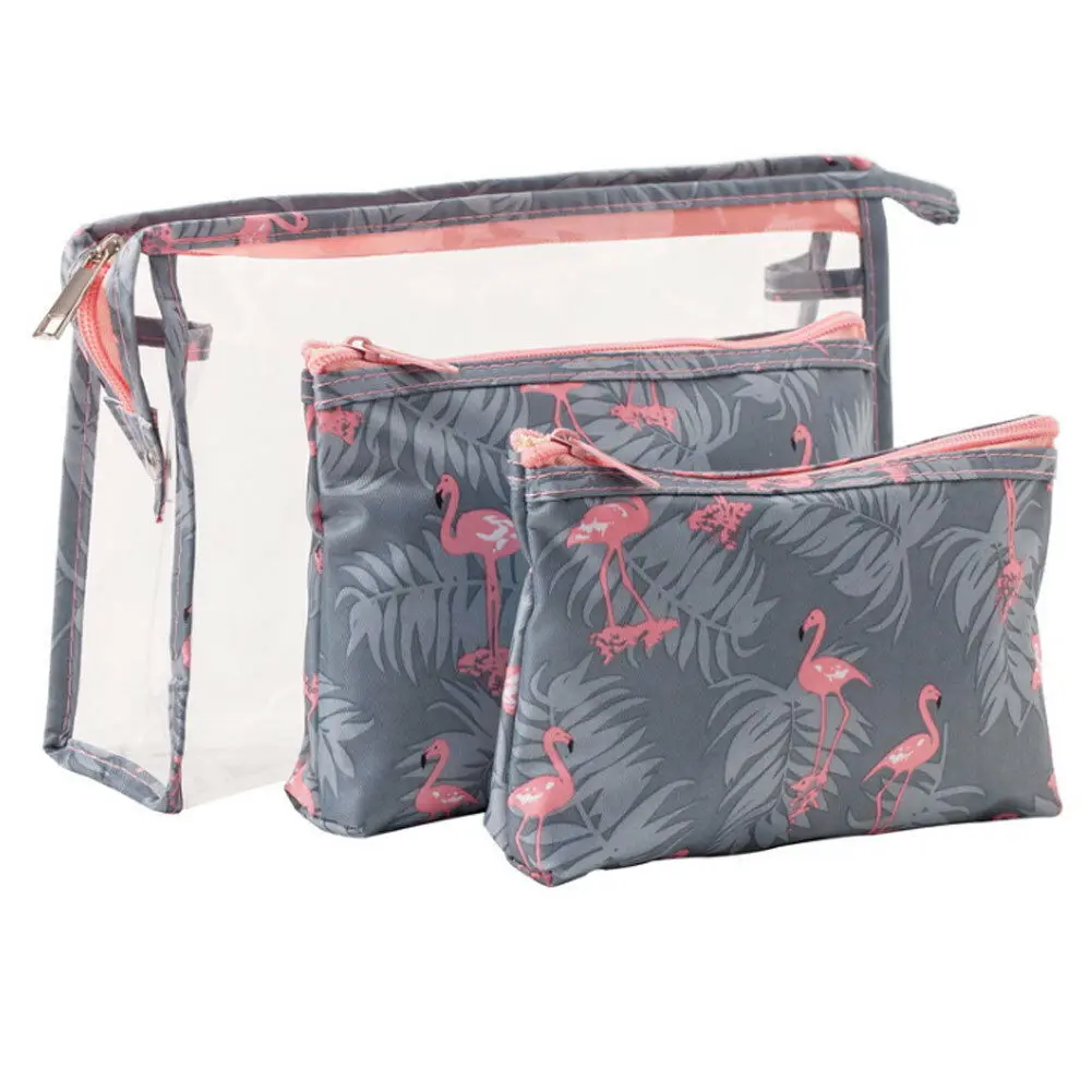 

3Pcs Flamingo Cosmetic Bag Women PVC Large Capacity Make Up Bag Travel Waterproof Portable Makeup Bag Toiletry Kits