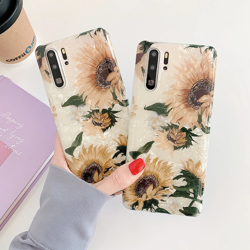 

Vintage Sunflower Phone Cover For Huawei P40 P30 P20 Pro Lite Mate 30 Mate 20 Pro Soft IMD Floral Phone Back Cases Cover Coque