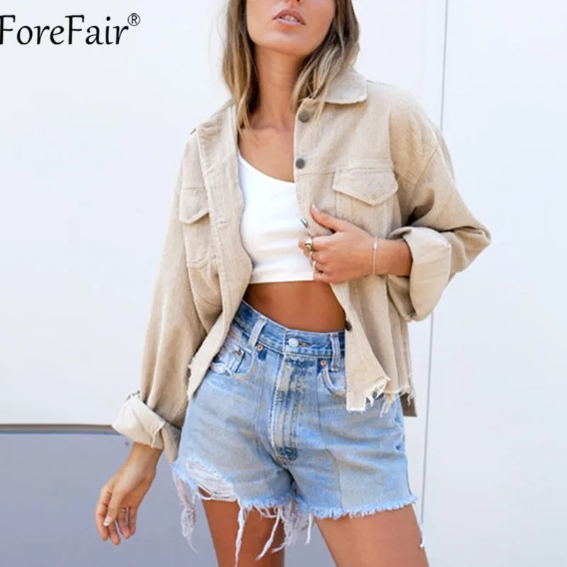 

Forefair Black Long Sleeve Corduroy Jacket Women Casual Short Coat Autumn Winter Turn Down Collar Outwear Button Jacket Tassel