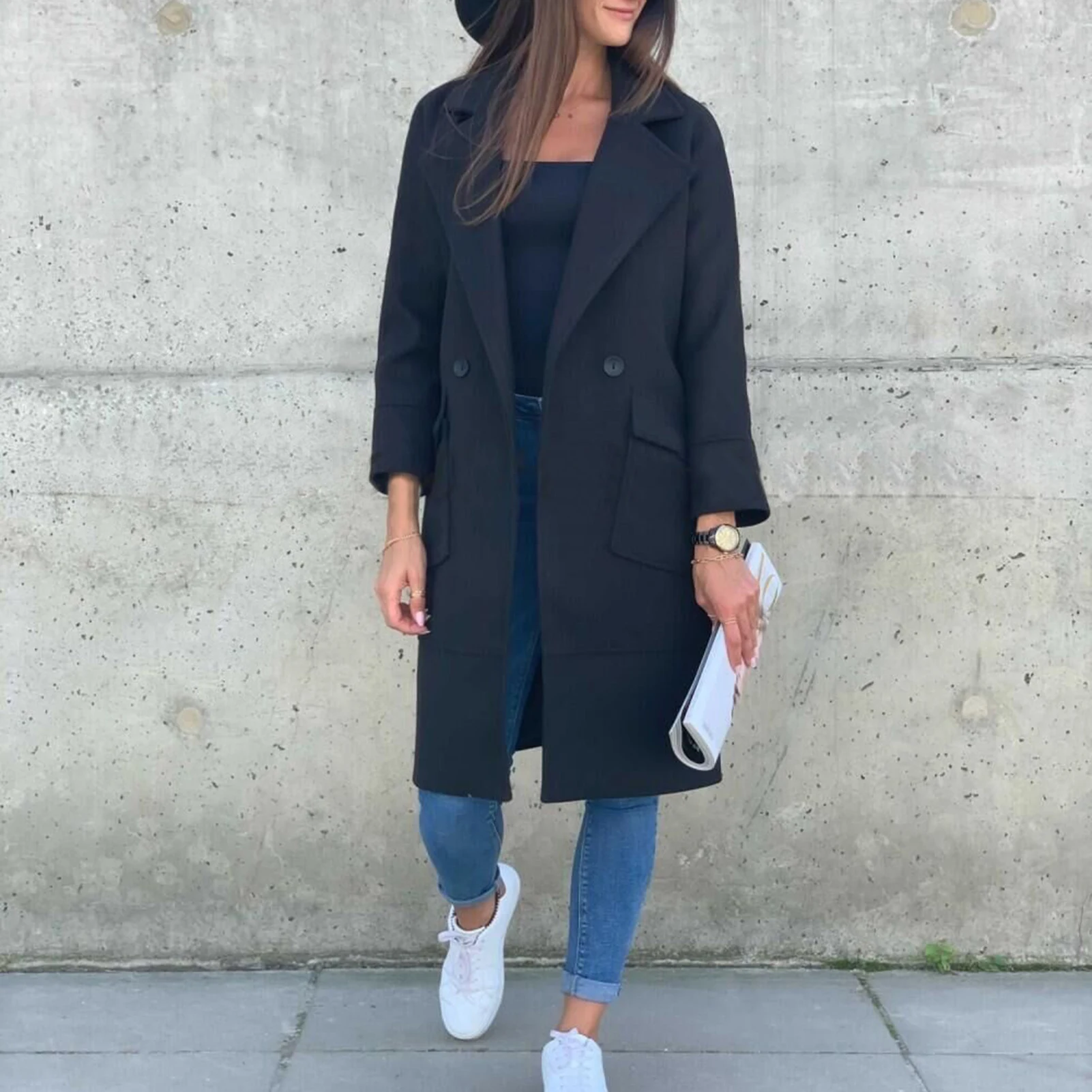 

Women Autumn Winter Solid Color Overcoat Lapel Buttons Pockets Long Coat Jacket 2020