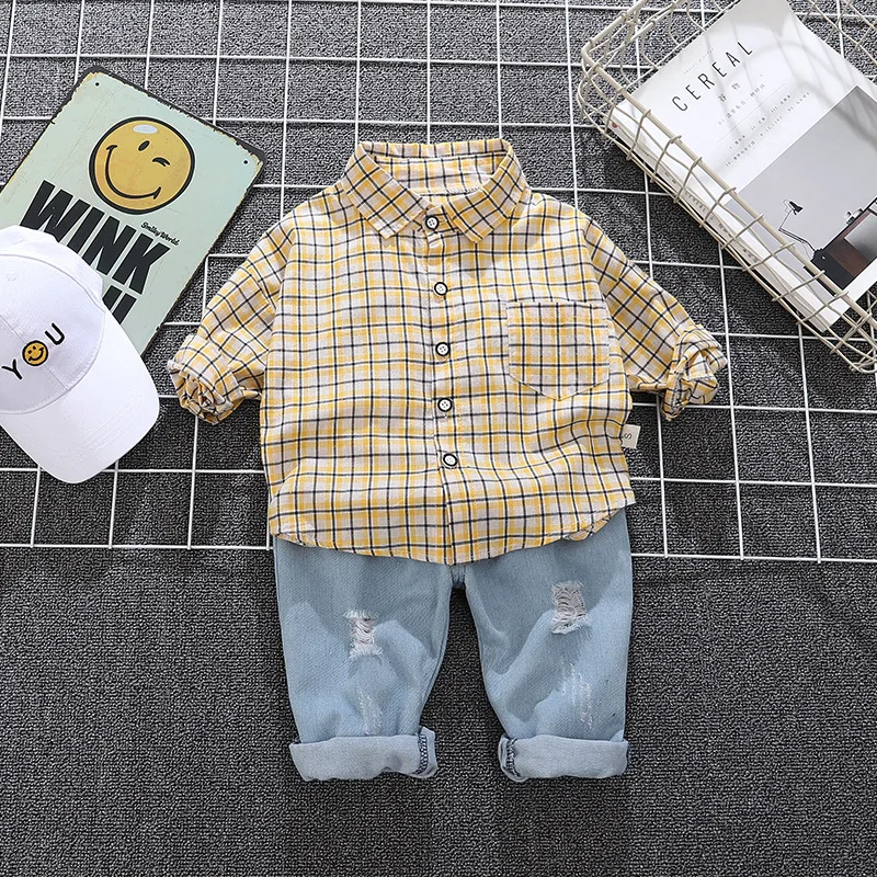 

High quality girl clothing set 2020 new autumn fashion plaid shirt + denim pant kid children clothing