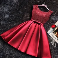 short evening dress satin lace wine red grey a line bride party formal dress homecoming graduation dresses robe de soiree