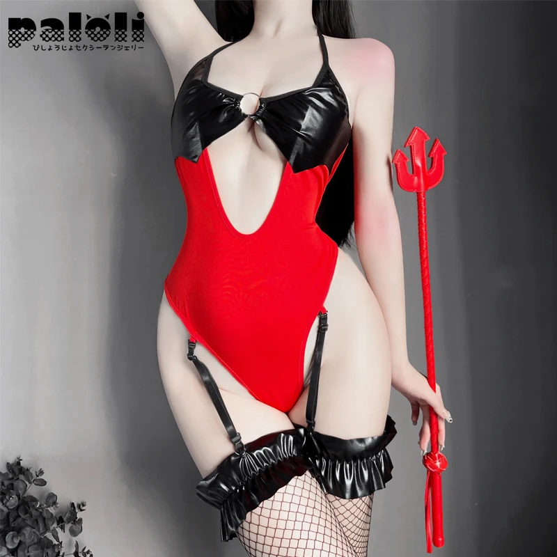 

Sexy Succubus Cosplay Leather Lingerie Red Bodysuit Halter V-Neck Hollow Out Temptation Devil Comic Costumes Anime Outfit 2021