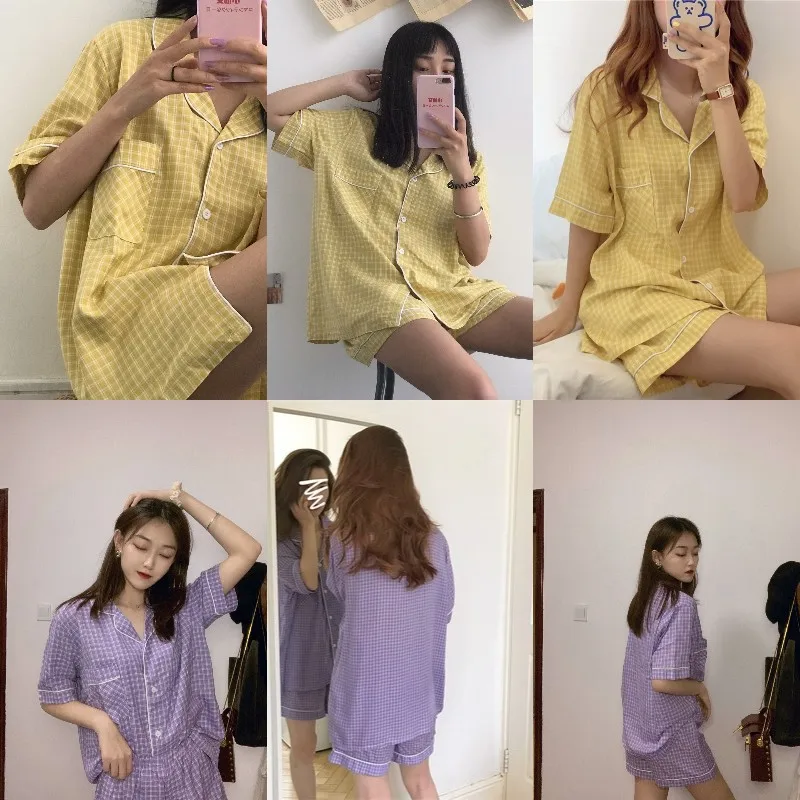 Пижамный комплект летняя рубашка в клетку Корейском стиле шорты с коротким