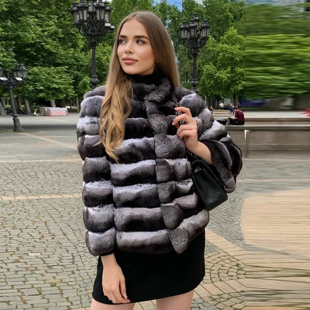Women Fashion Rex Rabbit Fur Jacket Natural Women 2022 New Stand Collar Long Sleeve Real Rex Rabbit Fur Coats Outwear Female