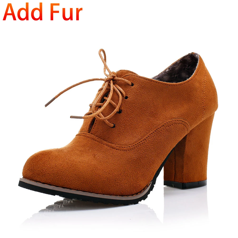 Sarairis Large Size 31-48 Autumn Fashion Ladies High Heels Shoelaces Shoes Woman Casual Office Lady Pumps Women Booties - Цвет: brown add fur