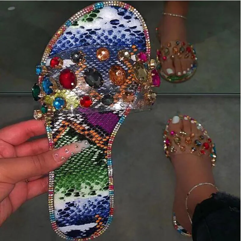 Женские шлепанцы Модная обувь на плоской подошве с украшением в виде кристаллов