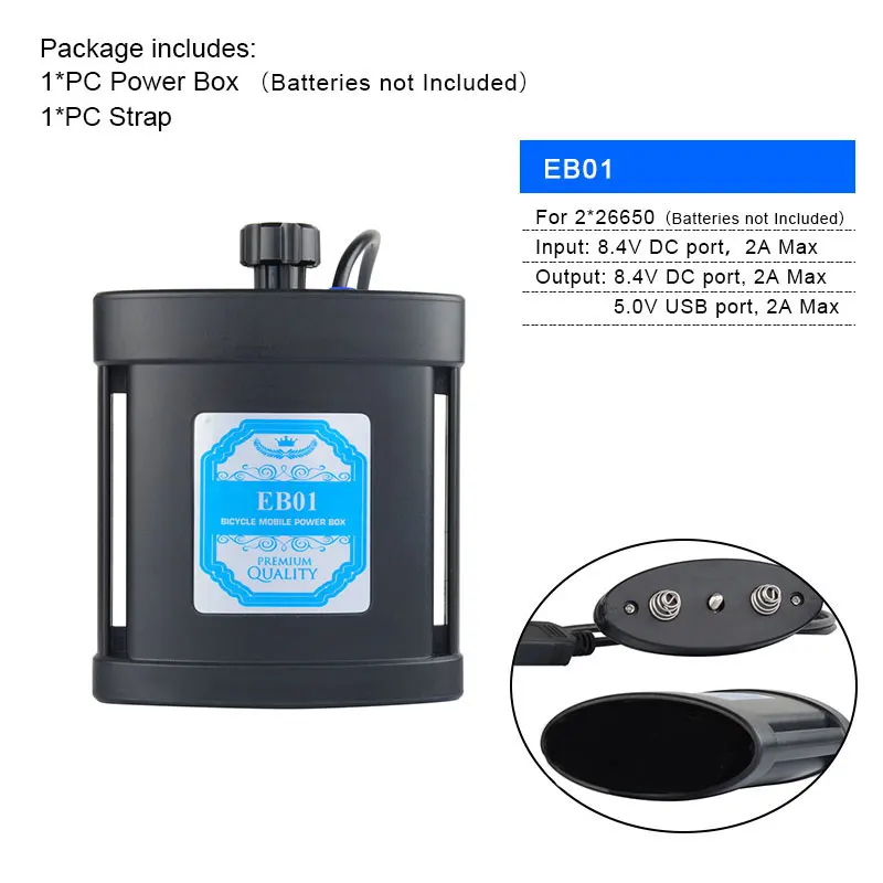 EB01 Комплект велосипедных ламп Батарея коробка 8,4 V 5V двойной Напряжение Выход для 2/4/6 18650/26650 Батарея W/ремень Дополнительный 100-240V адаптер настрящая огонь - Цвет: EB01