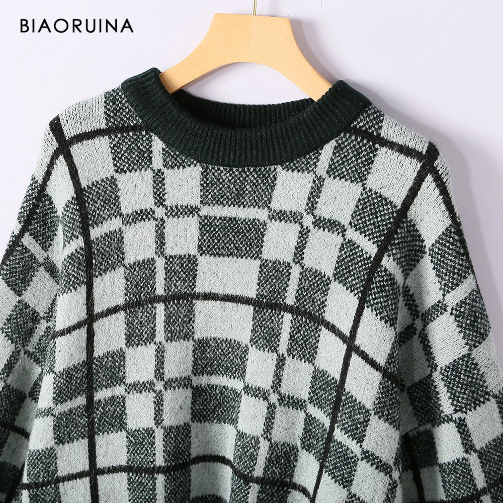 Женский вязаный свитер BIAORUINA в зеленую клетку с круглым вырезом и рукавом летучая