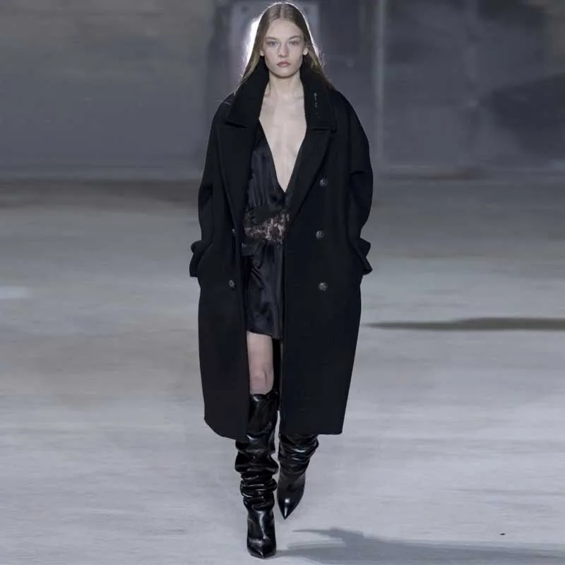 Женское длинное кашемировое пальто простое двубортное шерстяное оверсайз с