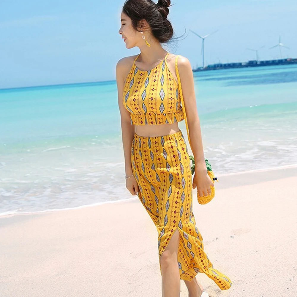 Бикини женское в Корейском стиле купальный костюм с принтом купальник оборками и