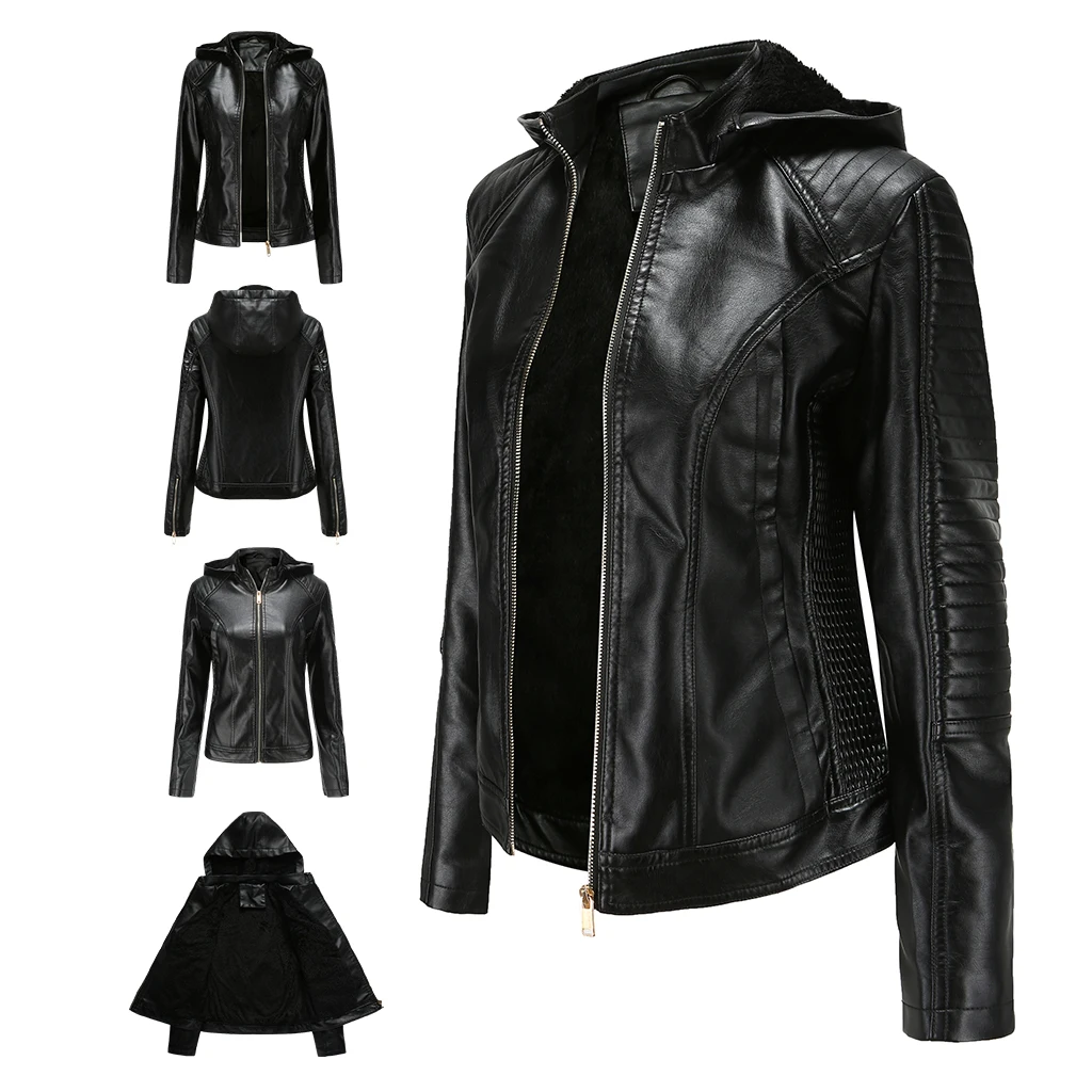 Однотонная куртка из искусственной кожи на молнии Женская весенне осенне зимняя