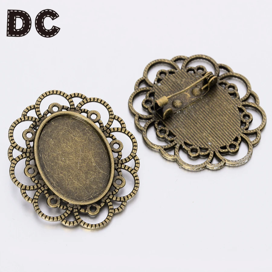 

10pcs 18x25mm Antique Bronze Flower Brooches Tray Bezel Pin fit Cameo Cabochon Blank Base Setting DIY Jewelry Findings