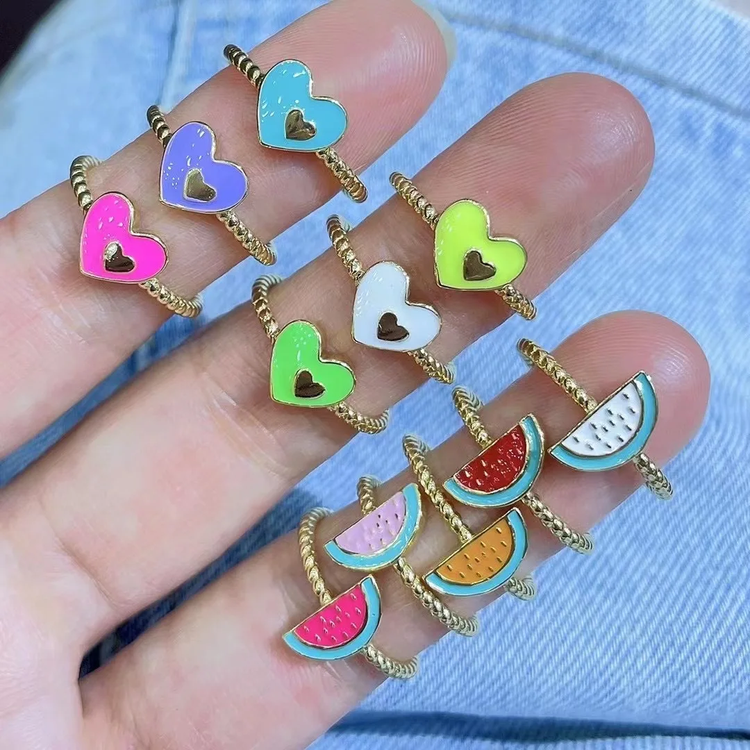 

10Pcs Trend Gold Brass Multi color enamel heart watermelon charm ring summer jewelry for wholesale