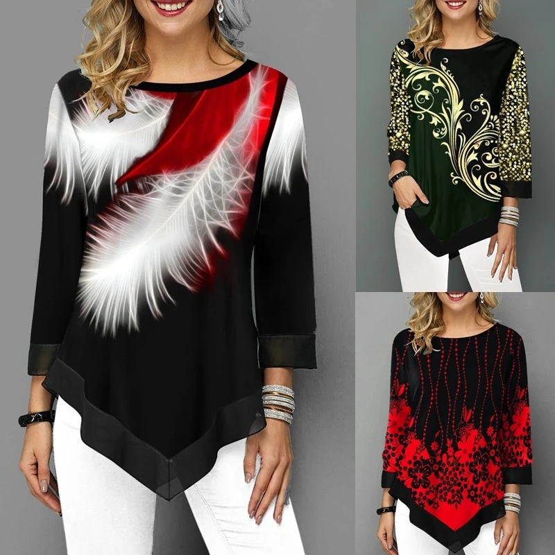

Women Casual Loose Round Collar Tops Personalized Shirts Blouse Irregular Hem Long Sleeve Printed T-Shirts Tops
