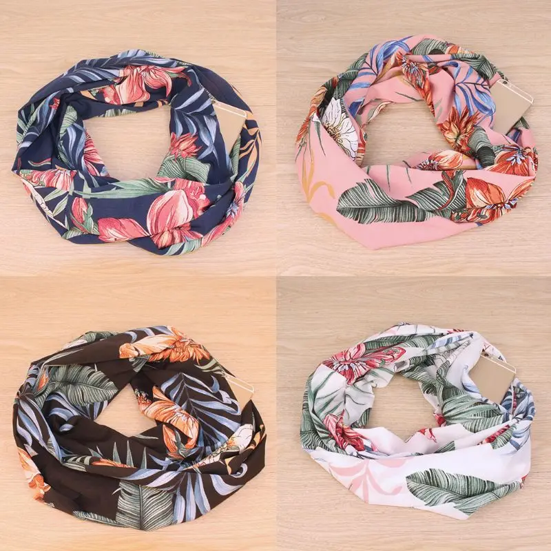 

Womens Boho Retro Floral Polyester Infinity Neck Scarf Shawl with Zipper Pocket