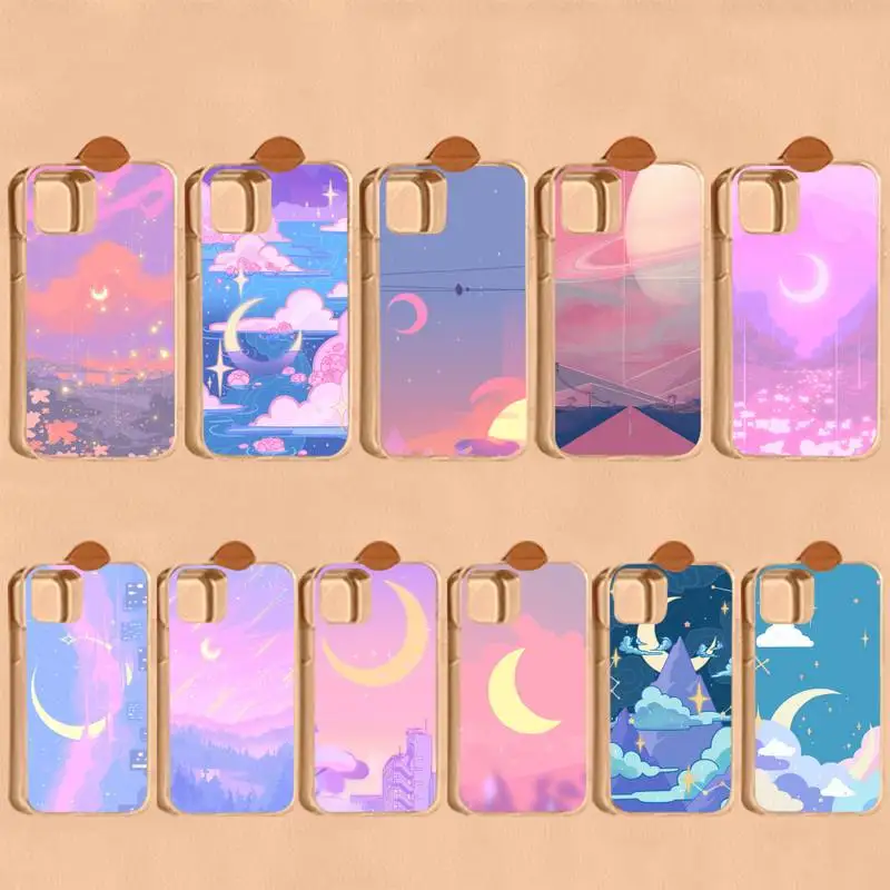 

Cartoon Pink Clouds Moon Phone Case for iPhone 8 7 6S Plus X 5S SE 2020 XR 11 12 mini pro XS MAX