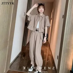 Осень 2022, Женский костюм из 2 предметов, женский новый облегающий повседневный костюм с брюками, летний костюм из двух предметов, топ и длинные брюки