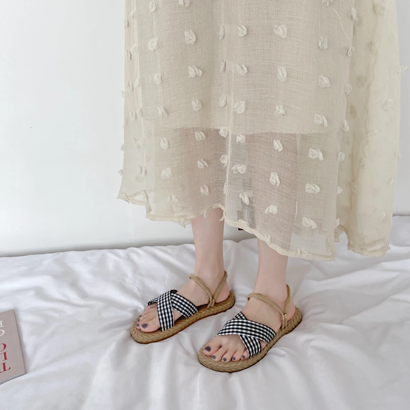 

ELLALEE Women Sandals Checkered Shallow Slip-On Casual Rubber Low Heel Two Style Female Summer Slippers All-match Shoes