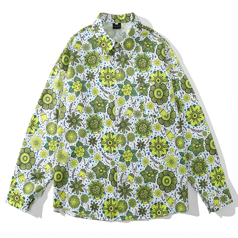 

Men's Bohemia Print Hawaii Shirts Female Harajuku Button Shirts Streetwear Autumn Long Sleeve Oversize Blouse camisa masculina