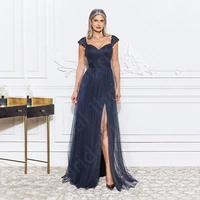 gorgeous new navy blue mother of the bride dresses side slit cap sleeves wedding party dresses back out mother dress appliqued