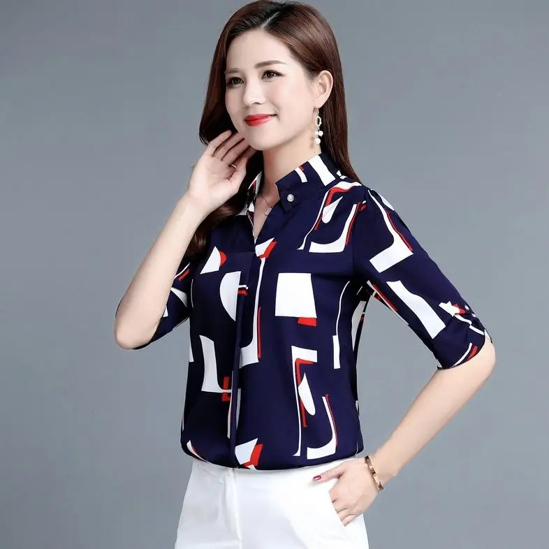 Женские блузки с коротким рукавом и принтом шифоновая блузка воротником-стойкой