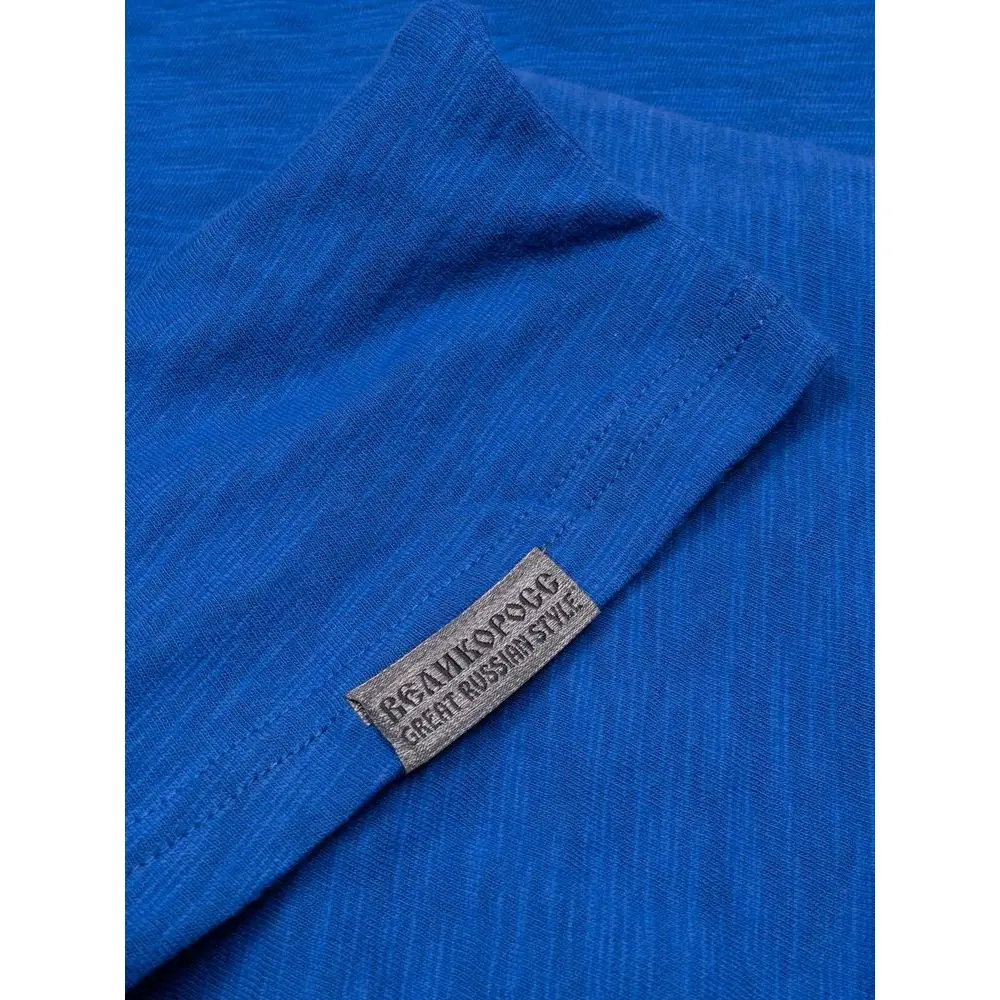 Лонгслив Великоросс однотонный синего цвета V образный ворот фламированная