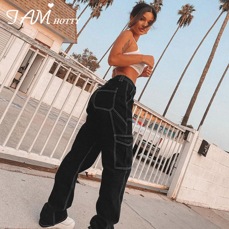 Черный карманы широкие Для женщин джинсы в полоску Высокая Талия мешковатые