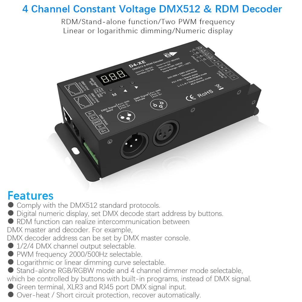 4 канал ПВМ постоянного напряжения DMX декодер с цифровым дисплеем XLR3 и RJ45 порт DC12