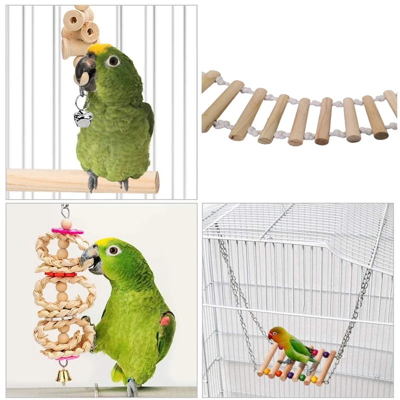 

8 Packs Bird Parrot Swing Hanging Toy,Natural Wood Bell Bird Cage Toys for Parrots, Parakeets, Cockatiels, Budgie