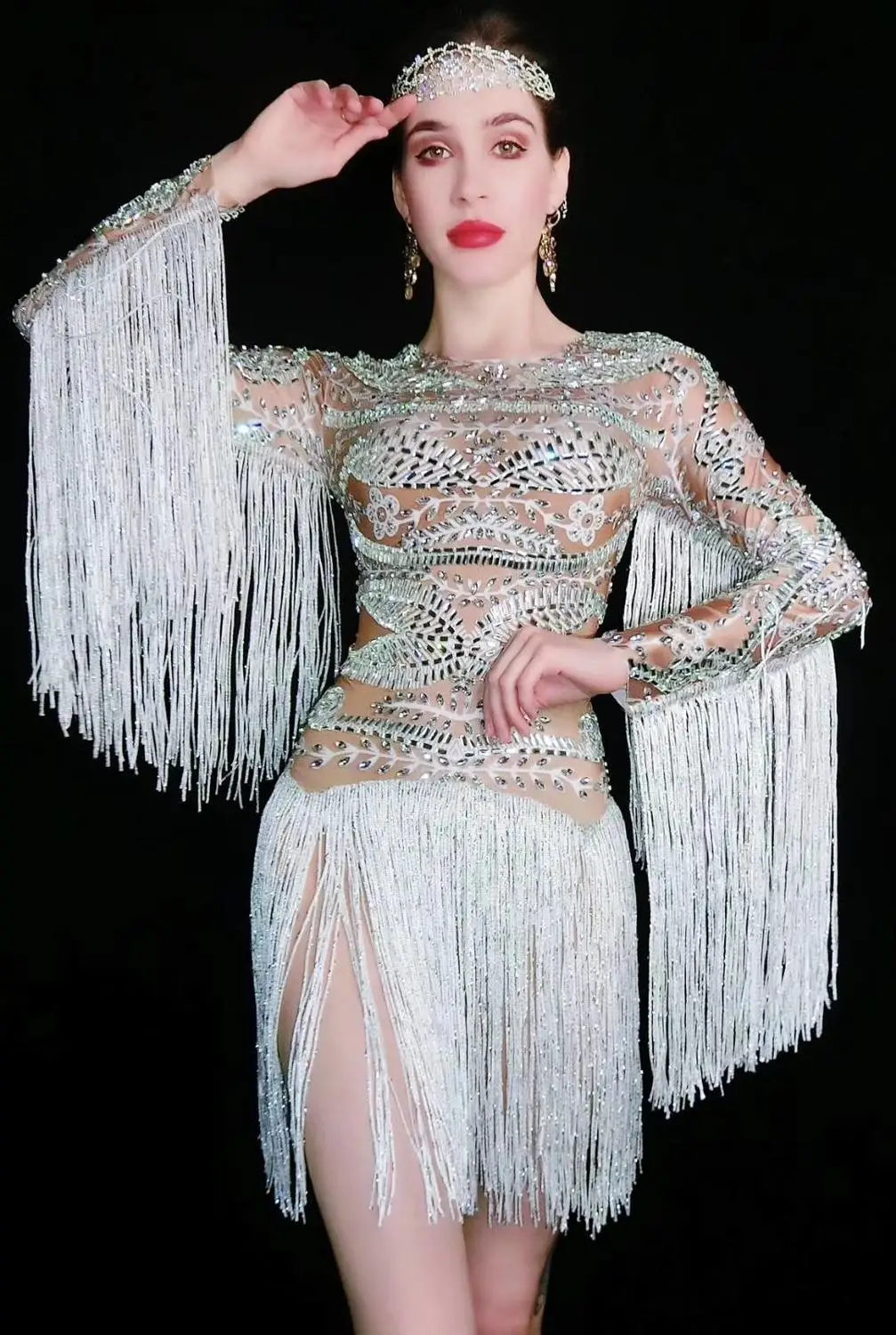 Vintage Print Rhinestones Tassel Bodysuit Women Jazz Modern Dance Costume Nightclub Bar DJ Singer Dancer Performance Bodysuit