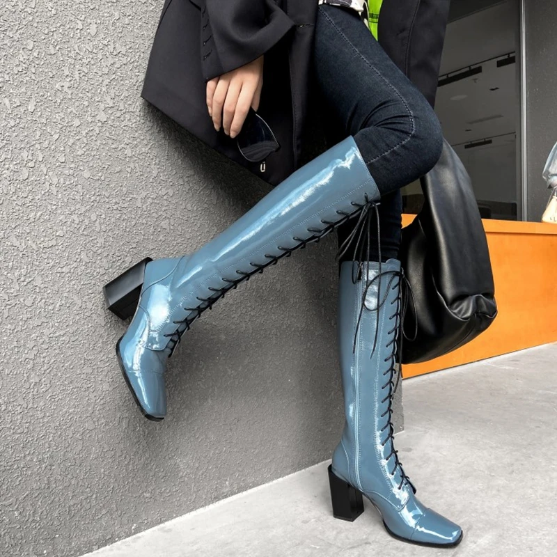 2020 winter knight boots square toe thick heel high heel patent leather knee-high boots cross strap side zipper boots plus size