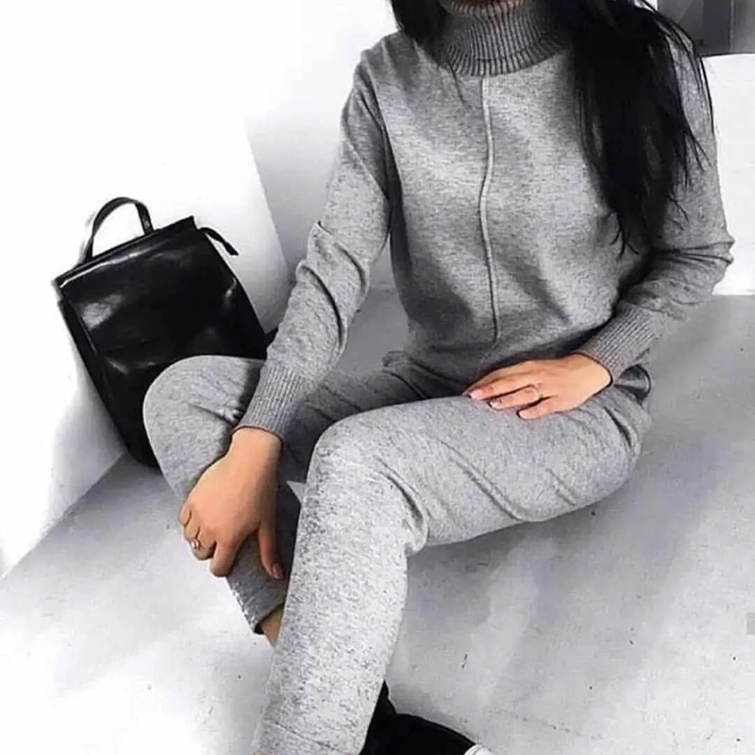 

2019 Autumn winter thick soft sweater knitted sets Casual turtleneck pullovers and long pants setsWomen knitted suits