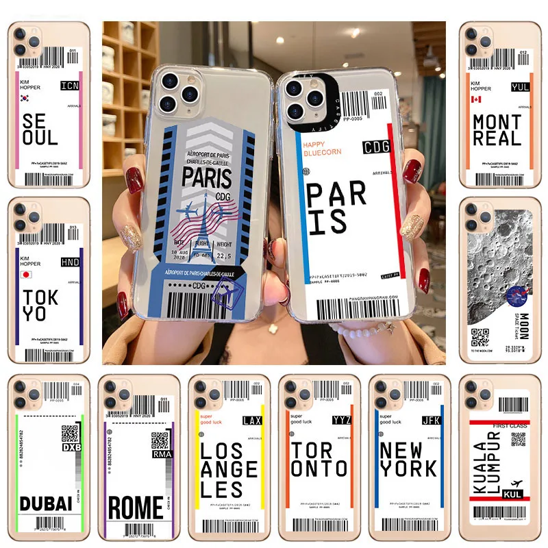 

Air ticket travel Paris Rome Tokyo New York Soft TPU Phone Case For iPhone 13 12 XR 11 Pro Max X XS 7 8 6s Plus SE2020 Cover