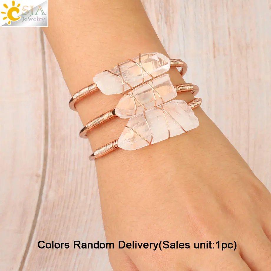 Rose Gold CSJA, браслет из чистого кварца с натуральным камнем, открытая манжета, проволока для браслетов, обертывание, неправильные Кристальные камни, медный браслет, Женские Ювелирные изделия G168 - Окраска металла: Rose Gold