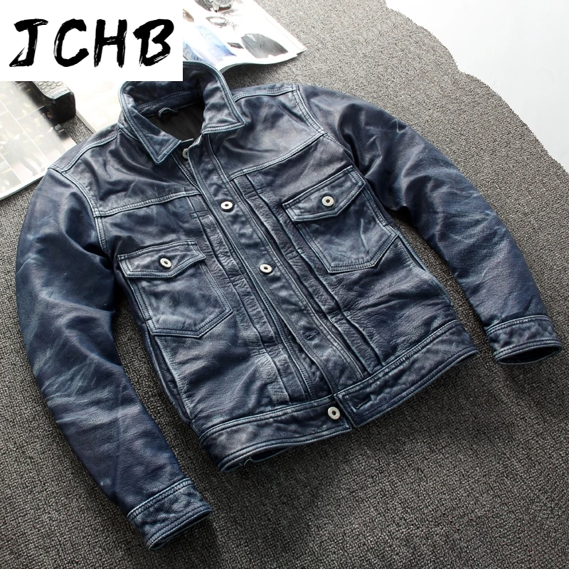 

Shipping Fast Super Vintage Genuine Leather Jacket Men's Blue Japan Style Single Breasted Plus Size Natural Cowhide Short Coat