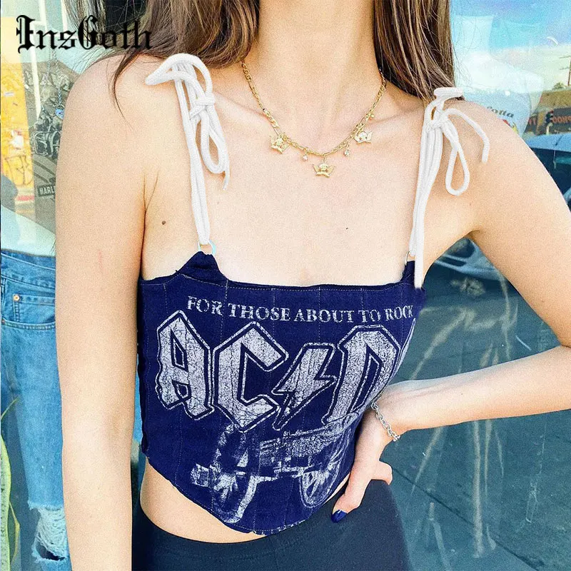 Женский винтажный топ на шнуровке InsGoth голубой облегающий в стиле панк уличная