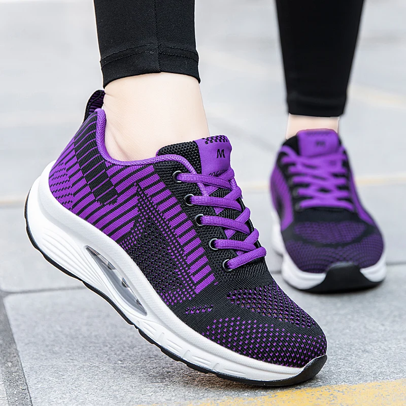

Fashion Plattorm Cushioning Sport Casual Shoes Women Flying Weave Baskets Jogging Sneakers Ladies Non-slip Wedges Walking Shoes