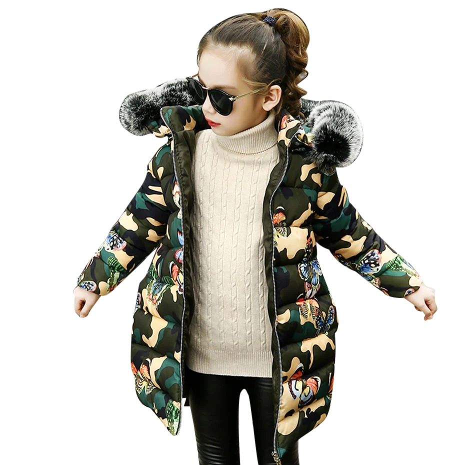 Детская куртка с камуфляжным принтом теплые куртки меховым воротником для