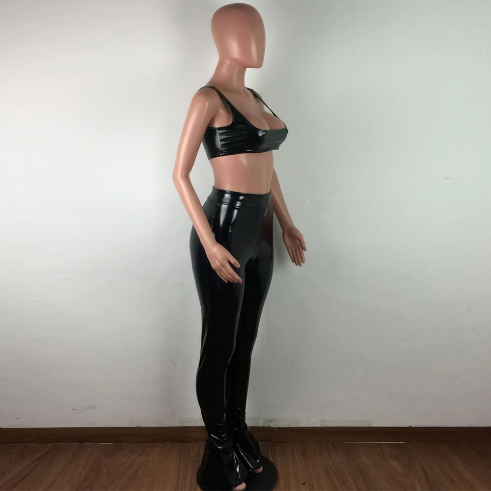 

Womens Sets Bright PU Faux Leather Sexy 2 Piece Club Outfits Low Neck Sleeveless Crop Tank Top and Flare Bell Bottom Pant Suits