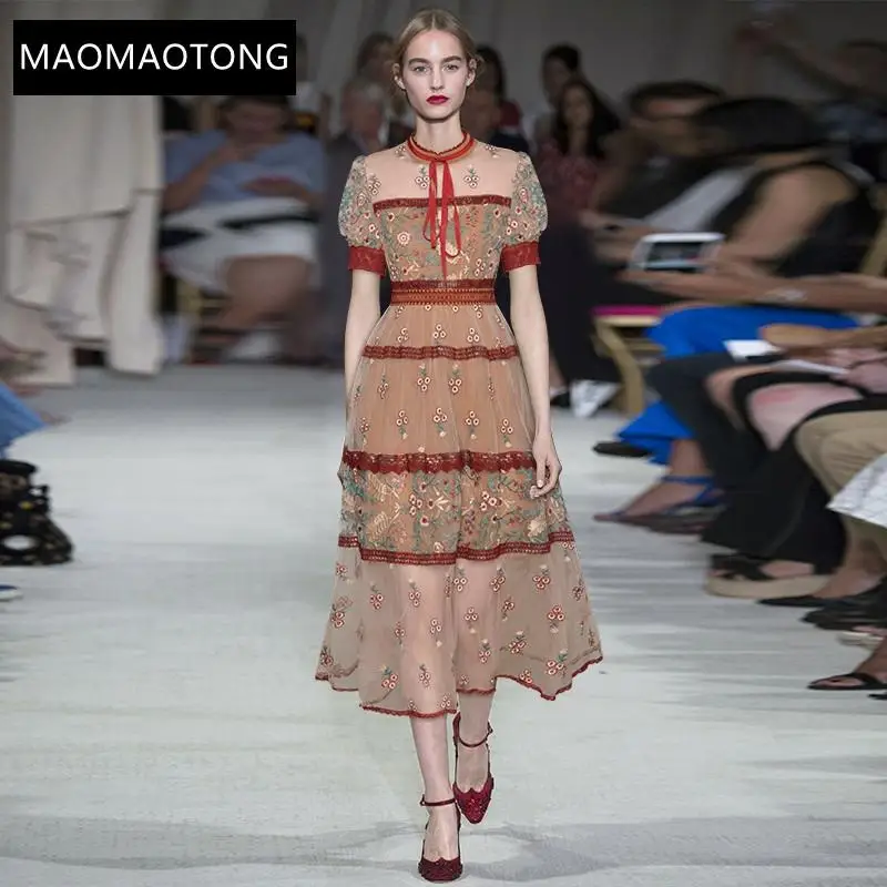 Women's Clothing Women's Clothing Fashion Runway Dress Summer Women's Dress Puff Sleeve Mesh Embroidery Vintage Midi Dresses