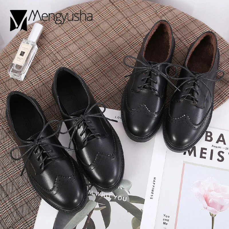 Женские Кожаные броги черные/белые кожаные туфли оксфорды с плюшевой подкладкой