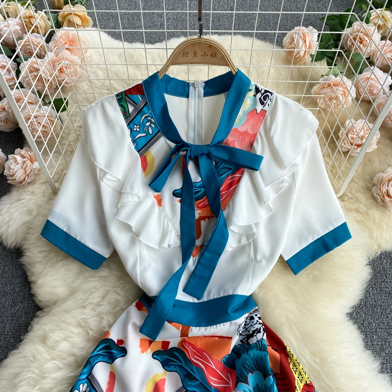 

Banulin 2021 Summer Runway Floral Beach Dress Women Bow Neck Ruffles Short Sleeve Vintage Shirt Dress Female Vestido N6A357