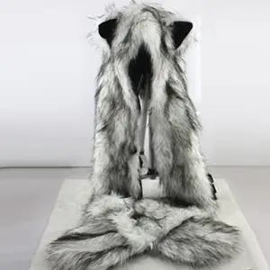 Women Fashion Wolf Ears Paws Faux Fur 3 in 1 women's  Hat Scarf Mittens Winter Warm Cap Wolf Hat