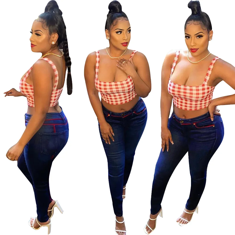 

AR5846 Europe and the United States 2021 sexy women's fashion plaid sling simple T-shirt nightclub women sexy tops