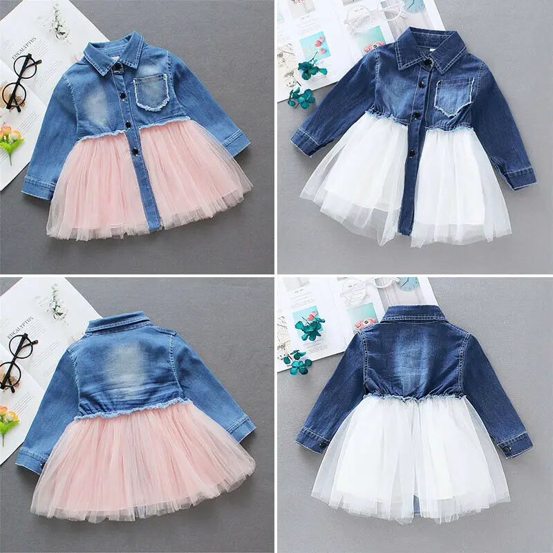 Детская джинсовая рубашка для маленьких девочек топы Сетчатое платье наряды